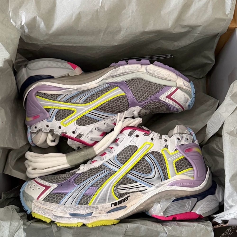 Balenciaga Women's Gray Lavender Neon Yellow Mesh Runner Sneakers
